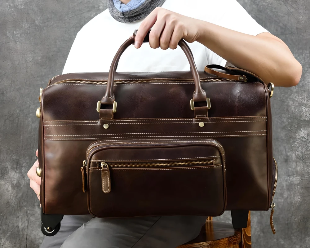 leather luggage on wheels