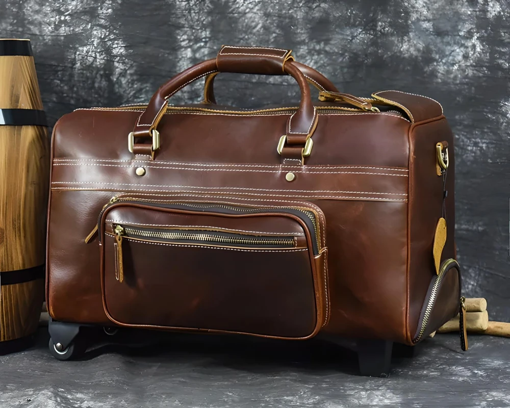 leather luggage on wheels