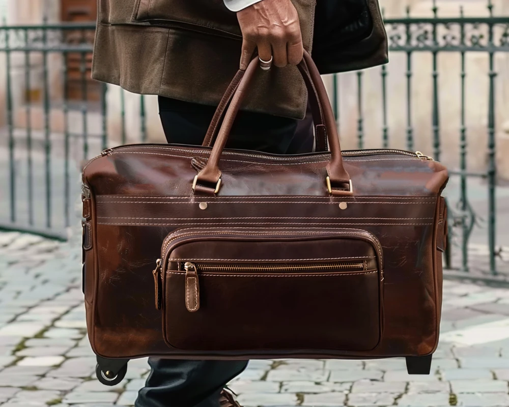 leather luggage on wheels
